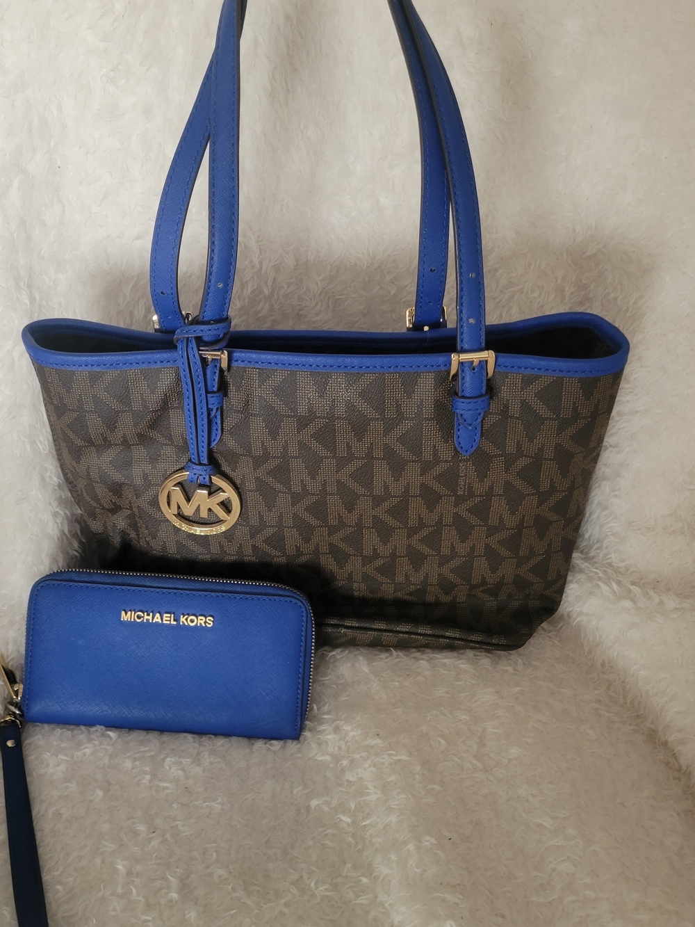 Michael Kors Brown MK Logo Tote with Royal Blue Trim and Matching Wallet